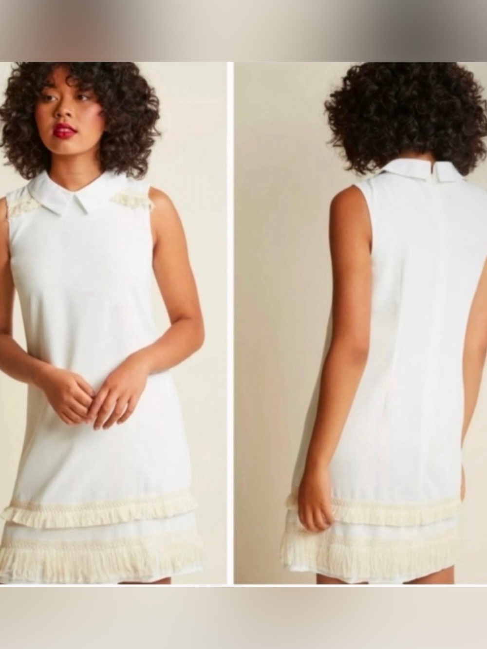 Myrtlewood of California ModCloth White Fringe Shift Dress Retro Mod Size S